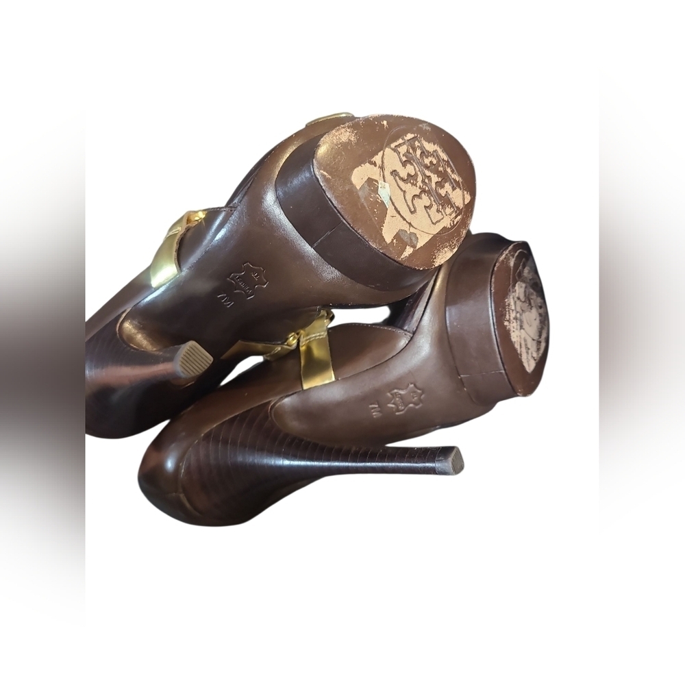 Tory Burch Gold and Brown Strappy Heels - Picture 5 of 5